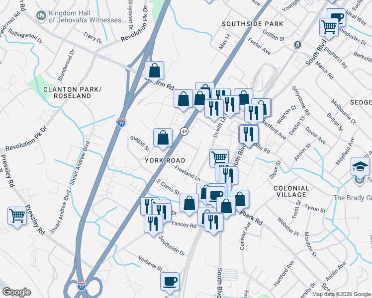 map of restaurants, bars, coffee shops, grocery stores, and more near 330 Yorkshire Drive in Charlotte