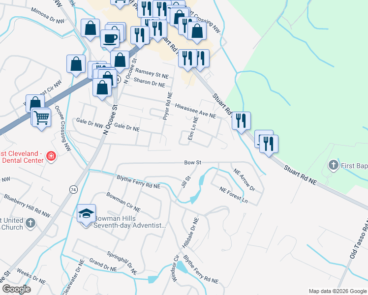 map of restaurants, bars, coffee shops, grocery stores, and more near 3995 Elm Lane Northeast in Cleveland