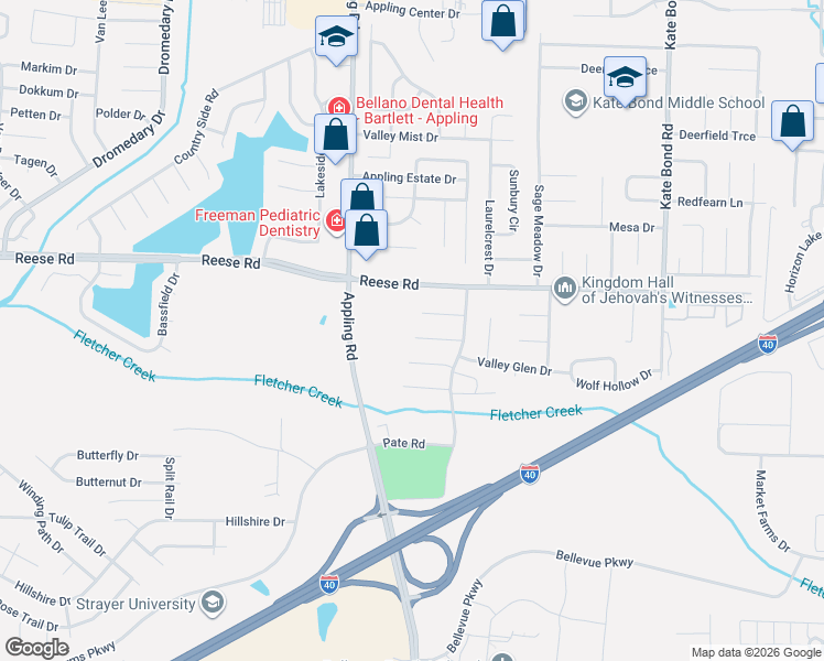 map of restaurants, bars, coffee shops, grocery stores, and more near 7512 Port Albert Lane in Memphis