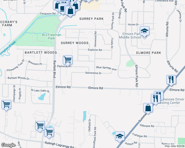 map of restaurants, bars, coffee shops, grocery stores, and more near 2472 Kenwood Lane in Memphis
