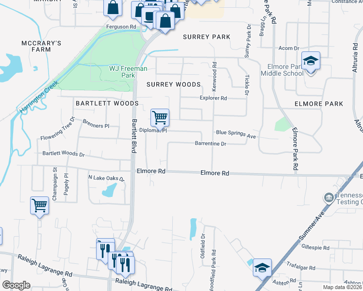 map of restaurants, bars, coffee shops, grocery stores, and more near 5952 Barrentine Drive in Bartlett