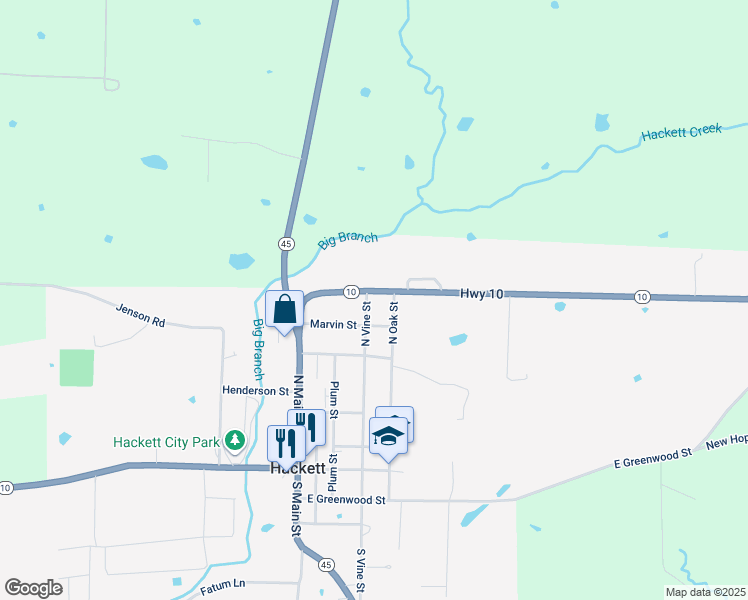 map of restaurants, bars, coffee shops, grocery stores, and more near 406 Arkansas 10 in Hackett