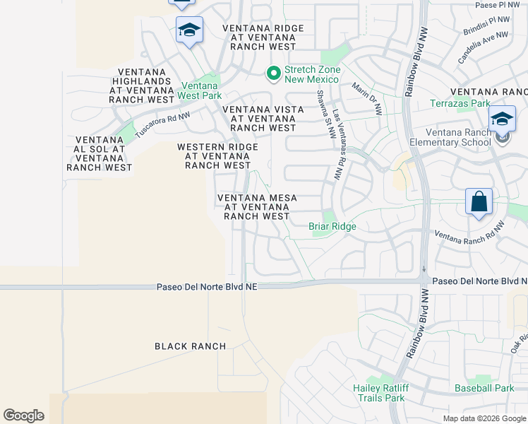 map of restaurants, bars, coffee shops, grocery stores, and more near 9909 Sunshine Mesa Drive Northwest in Albuquerque