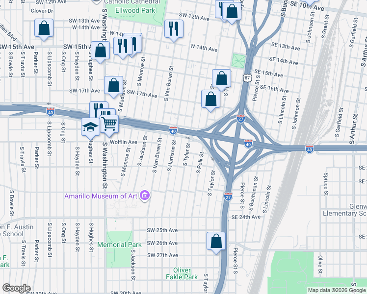 map of restaurants, bars, coffee shops, grocery stores, and more near 1906 South Tyler Street in Amarillo