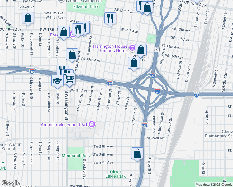 map of restaurants, bars, coffee shops, grocery stores, and more near 1906 South Tyler Street in Amarillo
