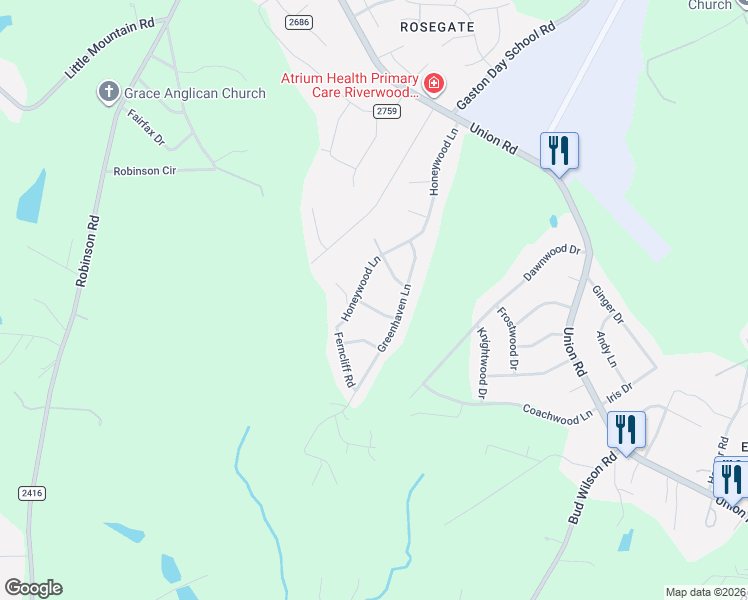 map of restaurants, bars, coffee shops, grocery stores, and more near 908 Honeywood Lane in Gastonia