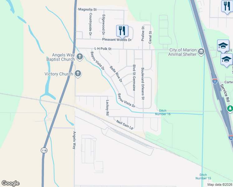 map of restaurants, bars, coffee shops, grocery stores, and more near 842 Bayou Vista Drive in Marion