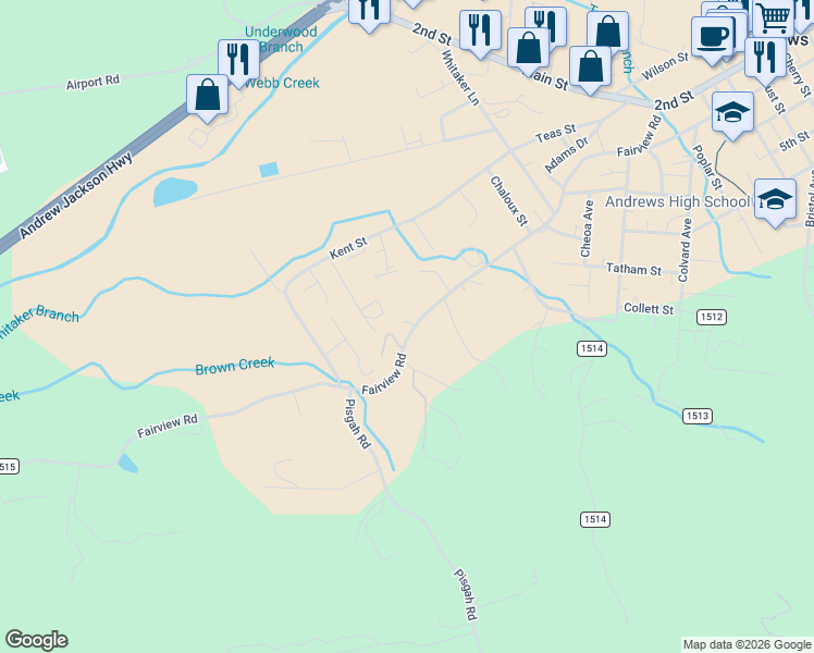 map of restaurants, bars, coffee shops, grocery stores, and more near 762 Fairview Road in Andrews