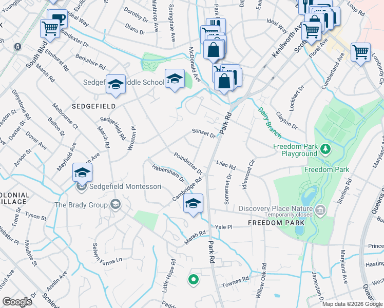 map of restaurants, bars, coffee shops, grocery stores, and more near 2900 Windsor Avenue in Charlotte