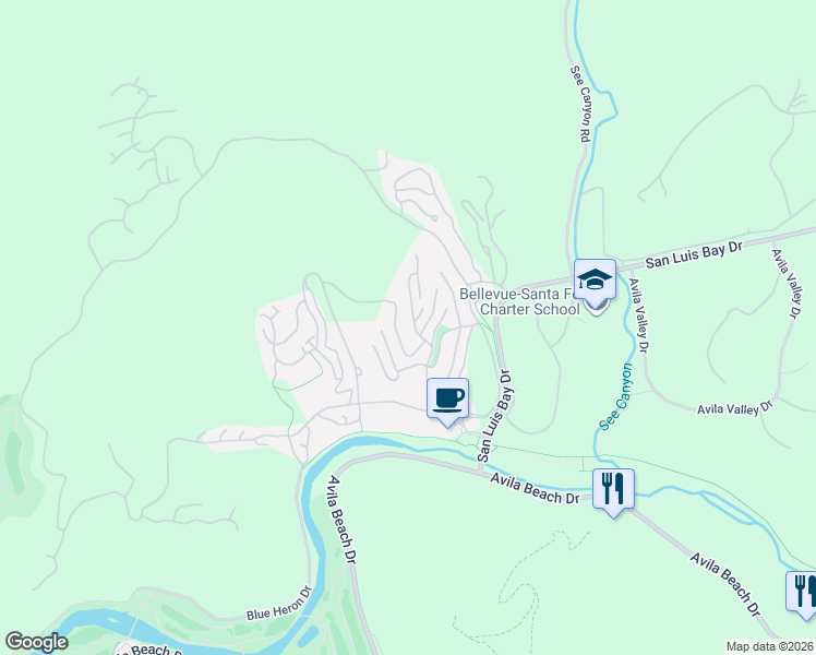 map of restaurants, bars, coffee shops, grocery stores, and more near 242 Hilltop Way in Avila Beach