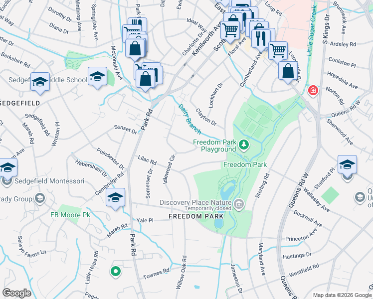 map of restaurants, bars, coffee shops, grocery stores, and more near 2714 Idlewood Circle in Charlotte