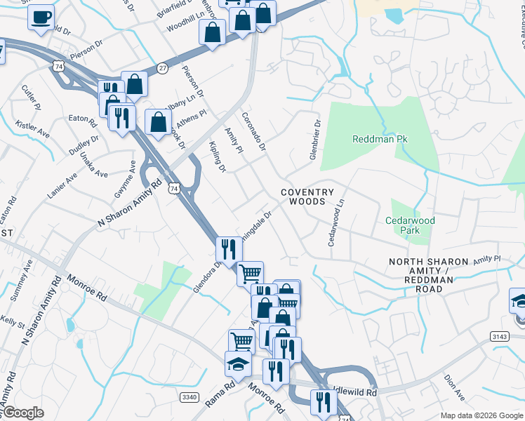 map of restaurants, bars, coffee shops, grocery stores, and more near 2750 Shelley Terrace Lane in Charlotte