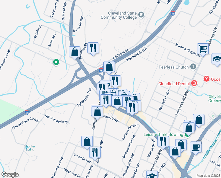 map of restaurants, bars, coffee shops, grocery stores, and more near 2600 Westside Drive Northwest in Cleveland
