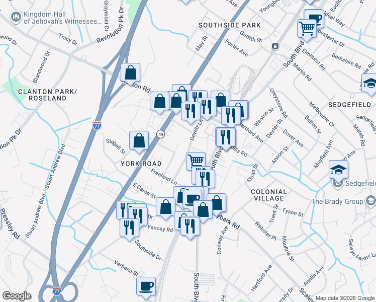 map of restaurants, bars, coffee shops, grocery stores, and more near 3898 Dewitt Lane in Charlotte