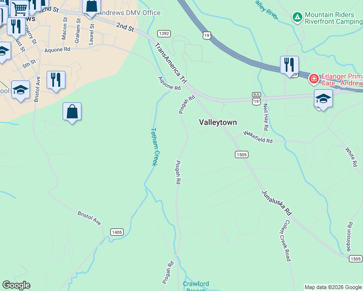 map of restaurants, bars, coffee shops, grocery stores, and more near 5637 Pisgah Road in Andrews