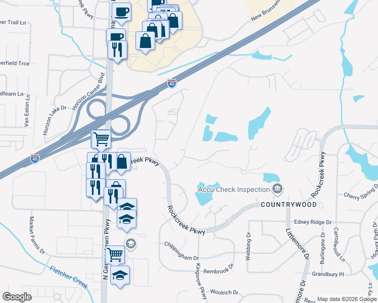 map of restaurants, bars, coffee shops, grocery stores, and more near 2473 Countrywood Parkway in Memphis
