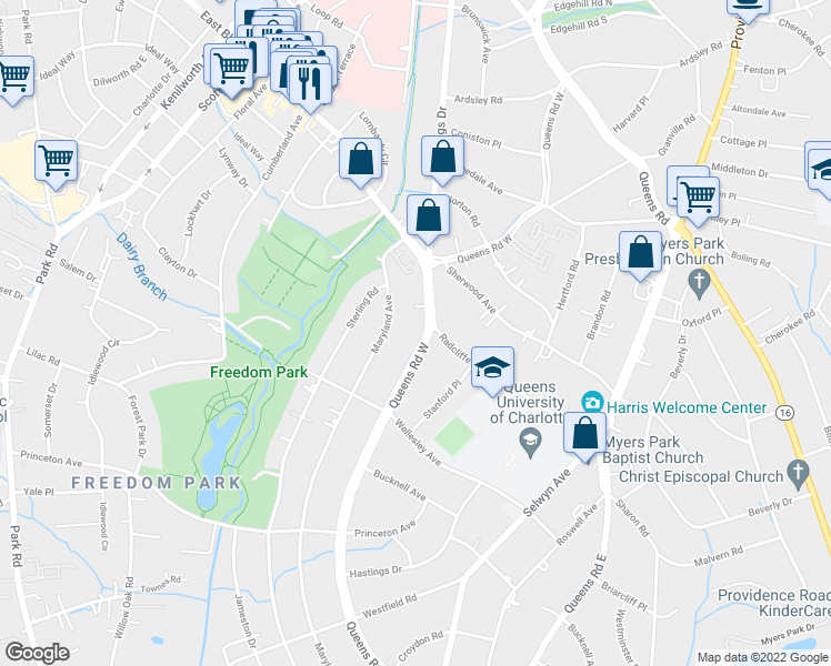 map of restaurants, bars, coffee shops, grocery stores, and more near 1500 Queens Road West in Charlotte
