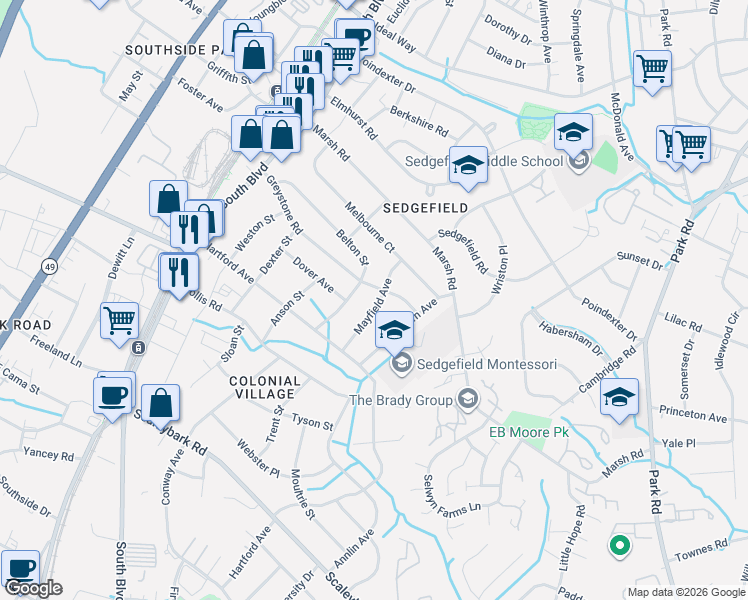 map of restaurants, bars, coffee shops, grocery stores, and more near 3208 Mayfield Avenue in Charlotte