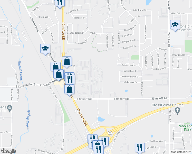 map of restaurants, bars, coffee shops, grocery stores, and more near 1651 East Imhoff Road in Norman