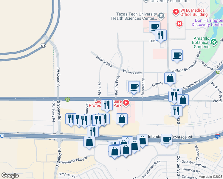 map of restaurants, bars, coffee shops, grocery stores, and more near 1805 Point West Parkway in Amarillo