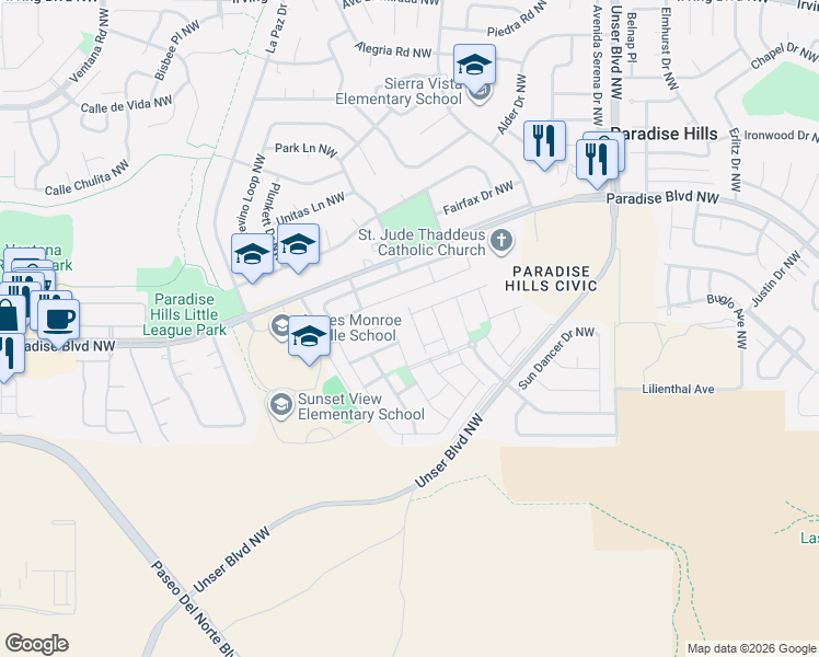 map of restaurants, bars, coffee shops, grocery stores, and more near 9647 Iron Rock Drive Northwest in Albuquerque