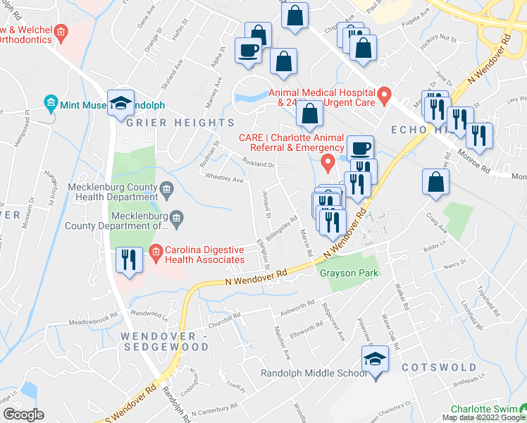 map of restaurants, bars, coffee shops, grocery stores, and more near 3507 Ellington Street in Charlotte