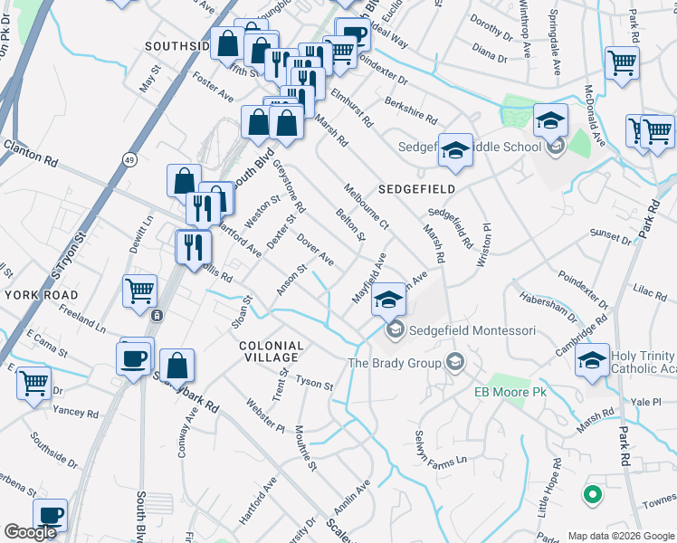 map of restaurants, bars, coffee shops, grocery stores, and more near 415 Dover Avenue in Charlotte