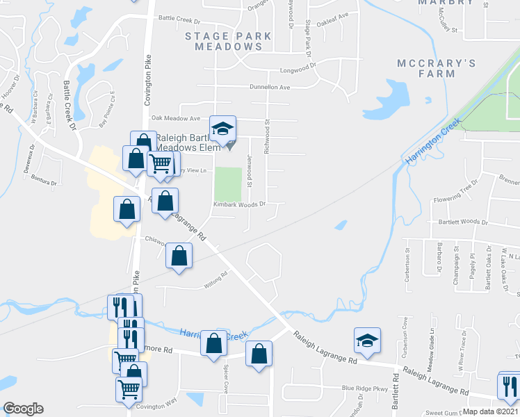 map of restaurants, bars, coffee shops, grocery stores, and more near 5222 Kimbark Woods Drive in Memphis