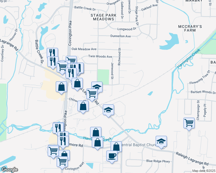 map of restaurants, bars, coffee shops, grocery stores, and more near 5222 Kimbark Woods Drive in Memphis