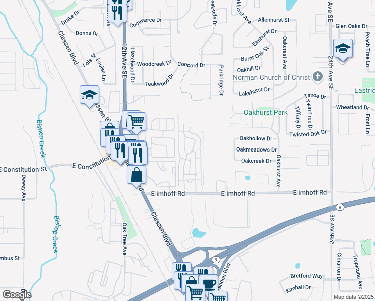 map of restaurants, bars, coffee shops, grocery stores, and more near 1651 East Imhoff Road in Norman