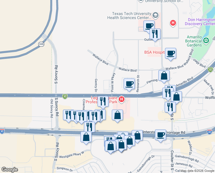 map of restaurants, bars, coffee shops, grocery stores, and more near 1826 Point West Parkway in Amarillo