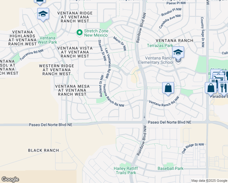 map of restaurants, bars, coffee shops, grocery stores, and more near 7500 Estes Park Avenue Northwest in Albuquerque