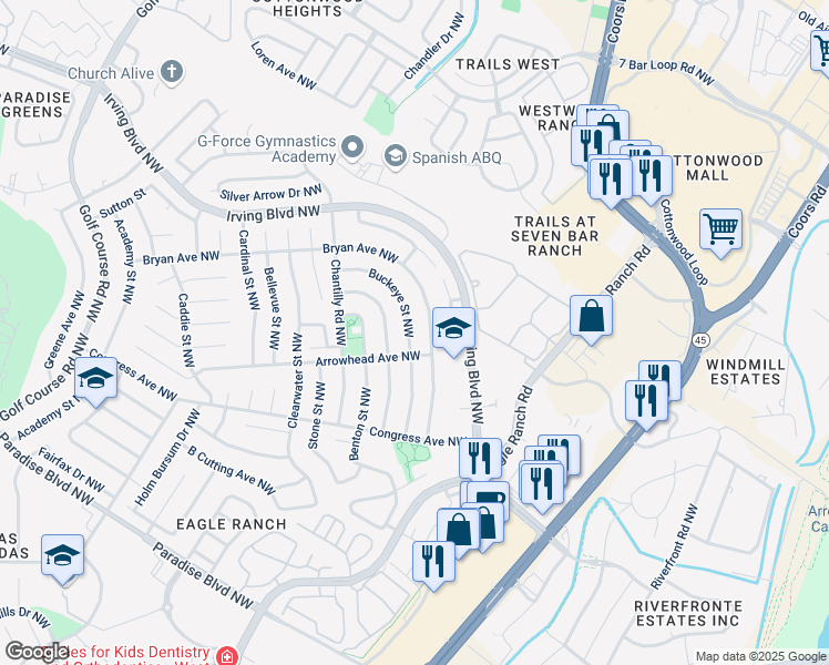 map of restaurants, bars, coffee shops, grocery stores, and more near 9921 Buckeye Street Northwest in Albuquerque