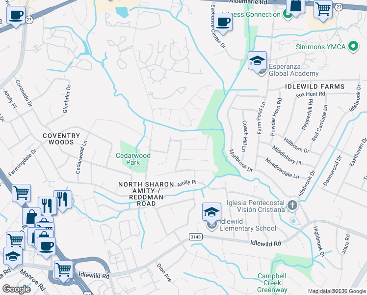 map of restaurants, bars, coffee shops, grocery stores, and more near 6014 Misty Way Lane in Charlotte