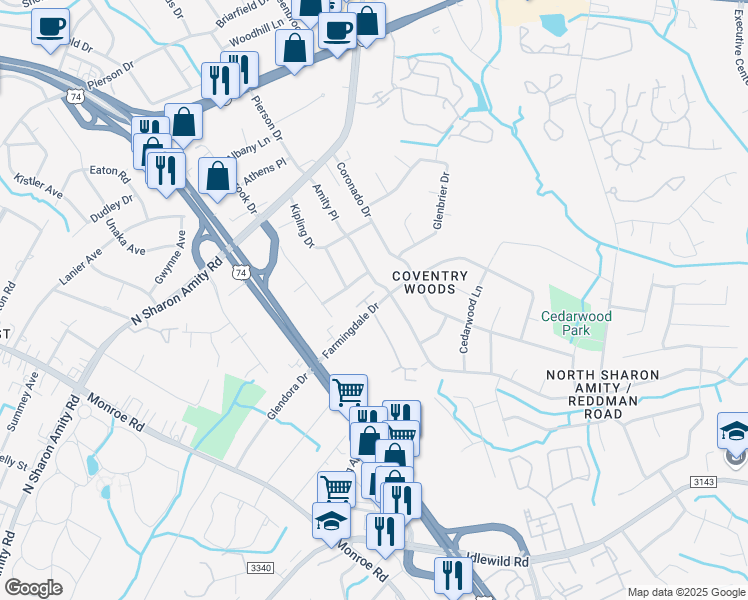 map of restaurants, bars, coffee shops, grocery stores, and more near 6810 Farmingdale Drive in Charlotte