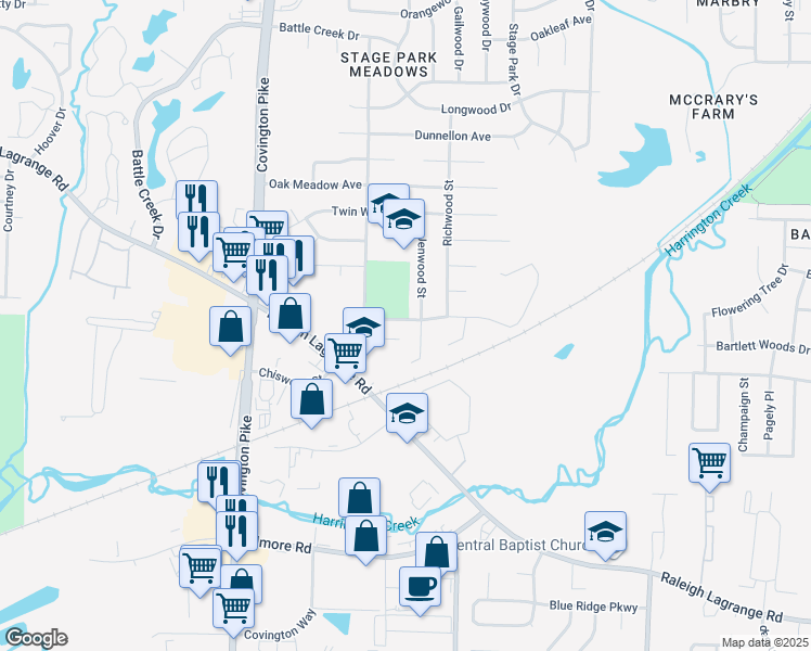 map of restaurants, bars, coffee shops, grocery stores, and more near 5222 Kimbark Woods Drive in Memphis