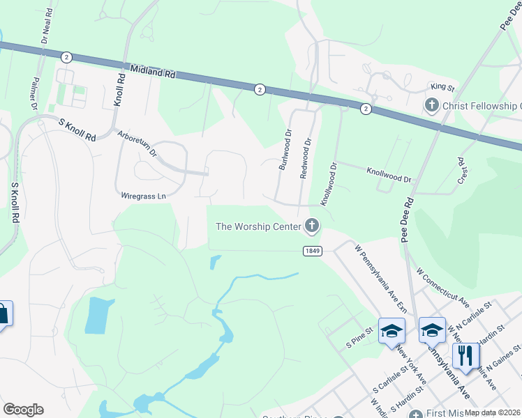map of restaurants, bars, coffee shops, grocery stores, and more near 932 Knollwood Drive in Southern Pines