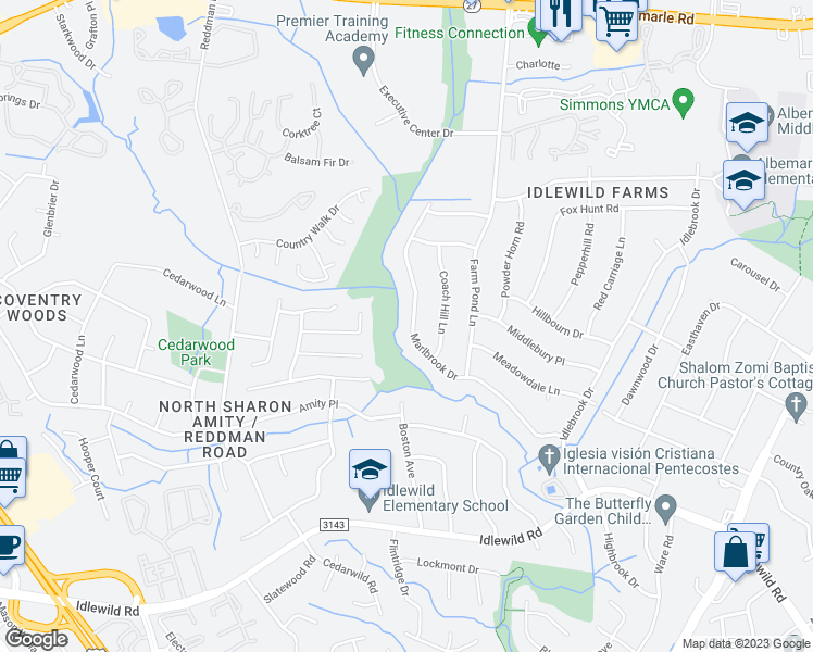 map of restaurants, bars, coffee shops, grocery stores, and more near 7100 Marlbrook Drive in Charlotte