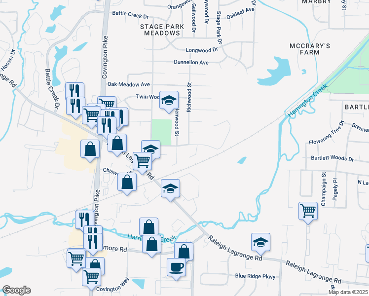 map of restaurants, bars, coffee shops, grocery stores, and more near 5222 Kimbark Woods Drive in Memphis