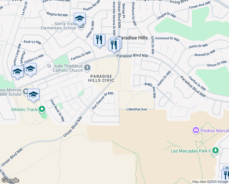 map of restaurants, bars, coffee shops, grocery stores, and more near 9640 Jacks Creek Drive Northwest in Albuquerque