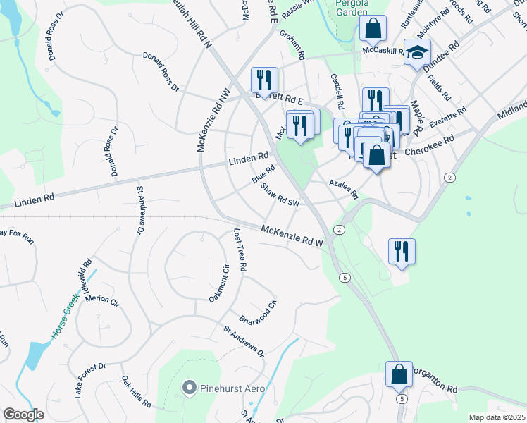 map of restaurants, bars, coffee shops, grocery stores, and more near 45 Ferguson Road in Pinehurst