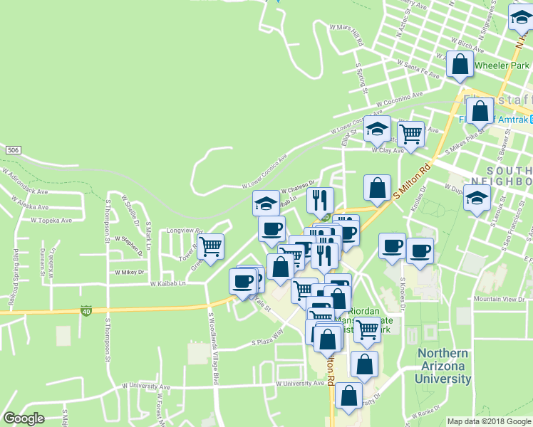 map of restaurants, bars, coffee shops, grocery stores, and more near 50 West Kaibab Lane in Flagstaff