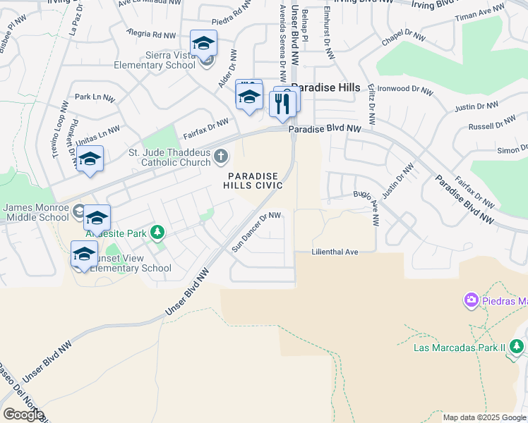 map of restaurants, bars, coffee shops, grocery stores, and more near 9631 Sun Dancer Drive Northwest in Albuquerque