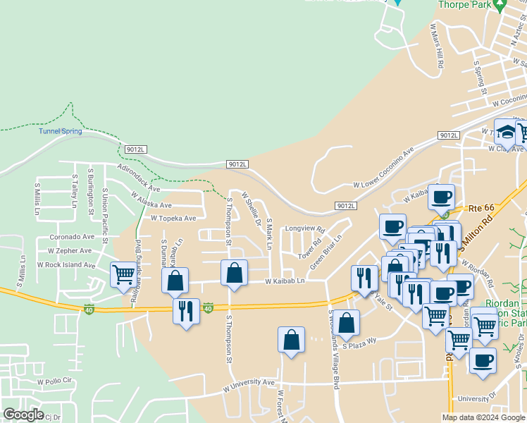 map of restaurants, bars, coffee shops, grocery stores, and more near 1296 South Mark Lane in Flagstaff