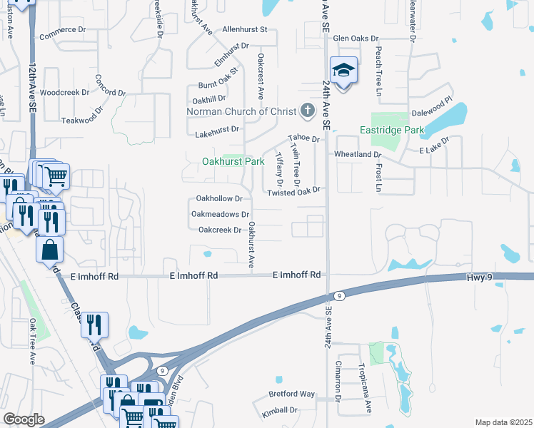 map of restaurants, bars, coffee shops, grocery stores, and more near 2105 Bois De Arc Circle in Norman