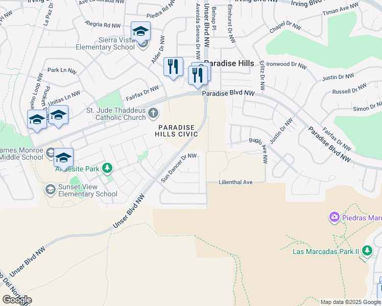 map of restaurants, bars, coffee shops, grocery stores, and more near 9643 Sun Dancer Drive Northwest in Albuquerque