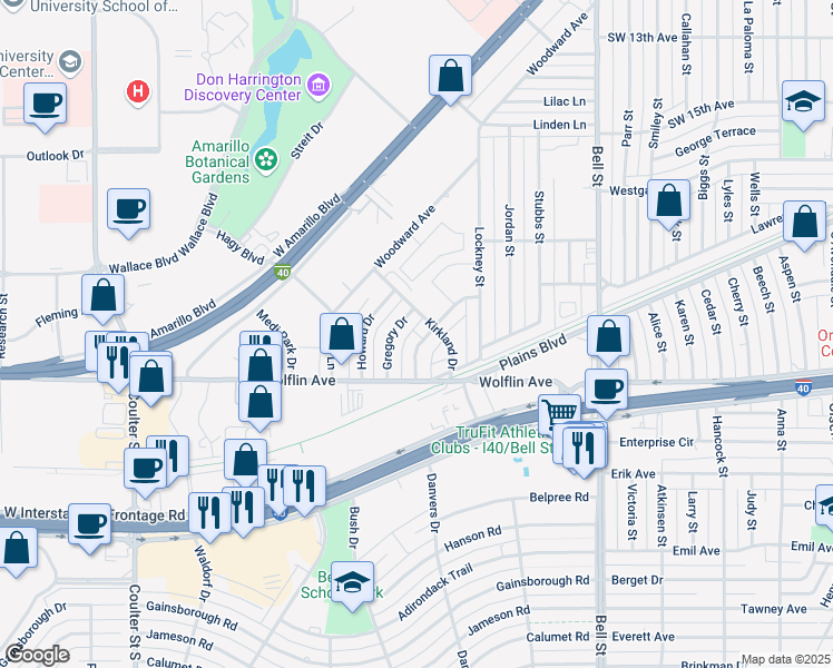 map of restaurants, bars, coffee shops, grocery stores, and more near 1905 Gregory Drive in Amarillo