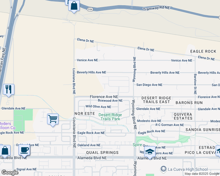 map of restaurants, bars, coffee shops, grocery stores, and more near 7331 Old Pecos Trail Northeast in Albuquerque