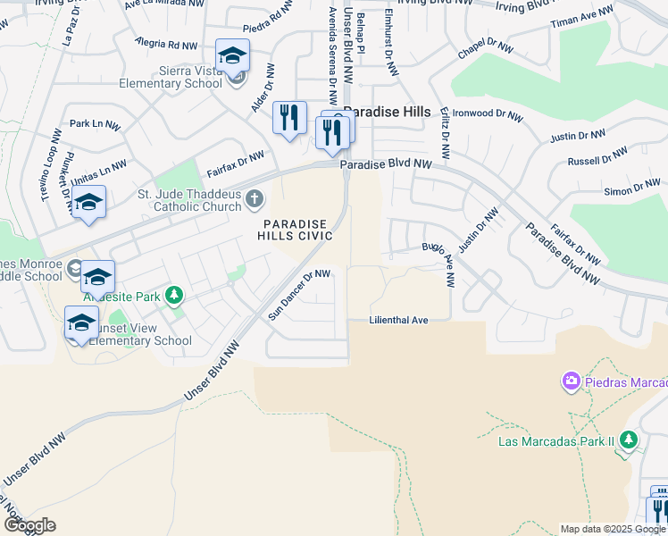 map of restaurants, bars, coffee shops, grocery stores, and more near 9655 Sun Dancer Drive Northwest in Albuquerque