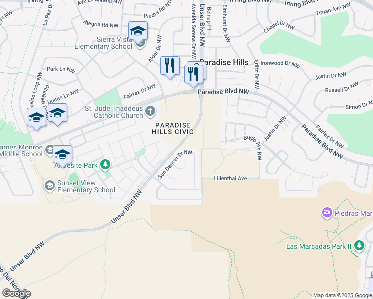 map of restaurants, bars, coffee shops, grocery stores, and more near 9655 Sun Dancer Drive Northwest in Albuquerque